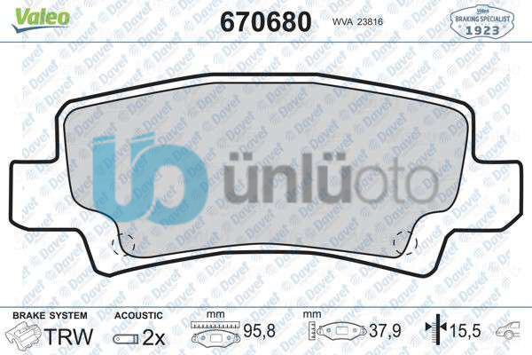 ARKA FREN BALATASI COROLLA VERSO 1,8 VVT-I (02-COROLLA 1,4 VVT-I - 1,6VVT-I 15
