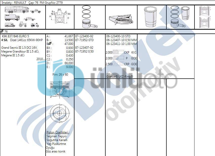 MOTOR PISTON SEGMAN MEGANE III SCENIC III FLUENCE QASHQAI NOTE MICRA PULSAR (1,5