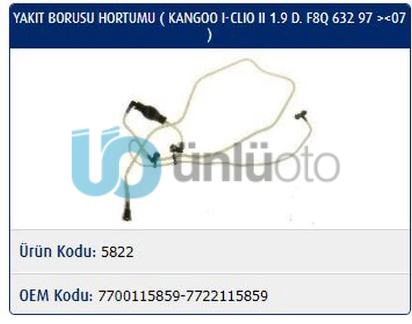 YAKIT BORUSU HORTUMU KANGOO I-CLIO II 1.9 D. F8Q 632 97 07