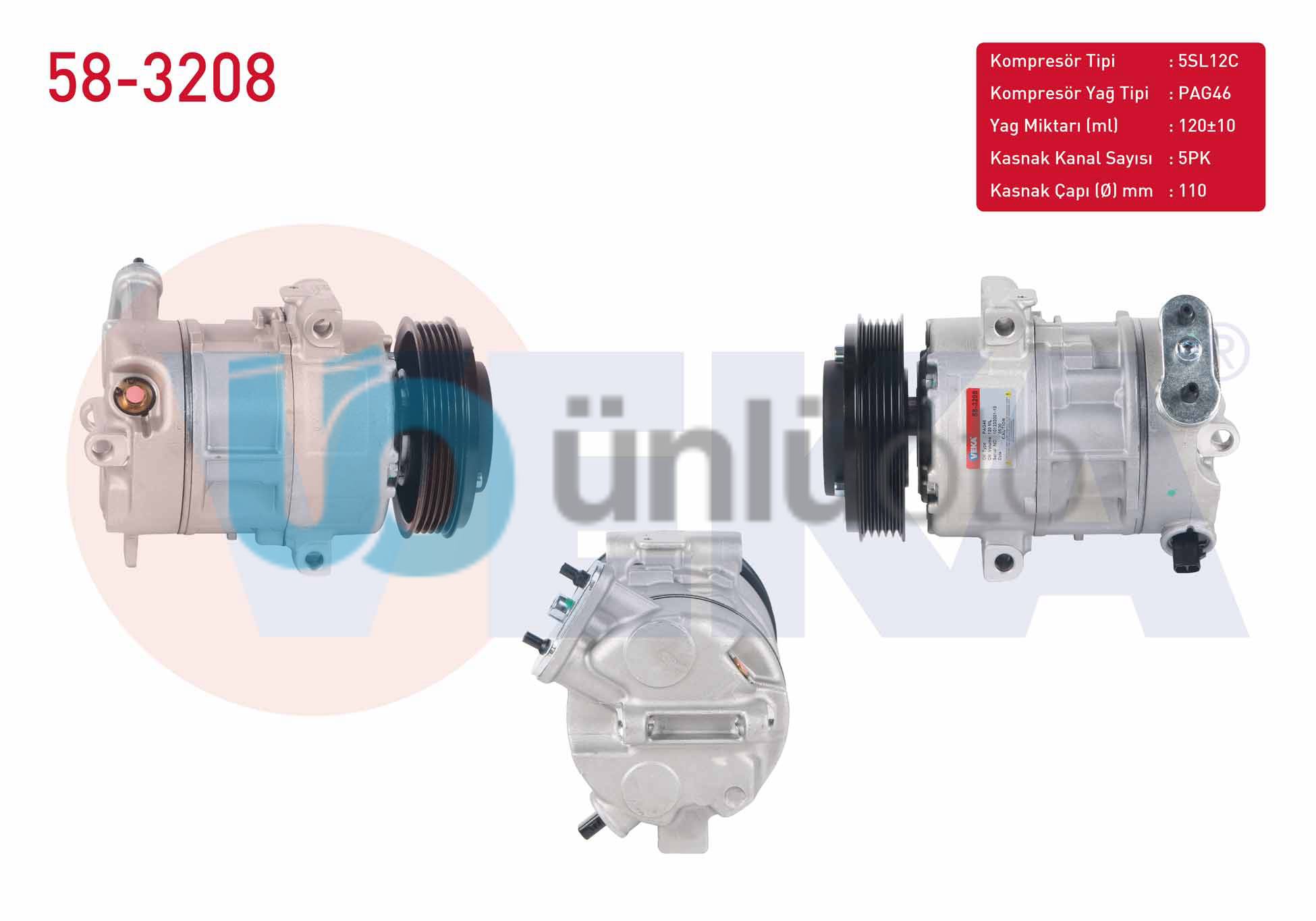 KLIMA KOMPRESORU 5PK 110mm OPEL CORSA D 1.2 - 1.4 2006-2014 / CORSA E 1.2 - 1.4