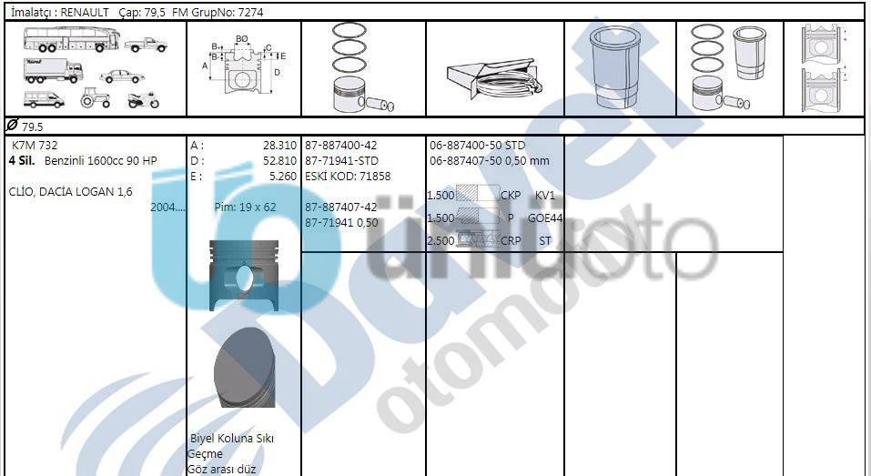 MOTOR PISTON SEGMAN 79.50MM STD RENAULT CLIO LOGAN 1.6 BENZINLI K7M 04-