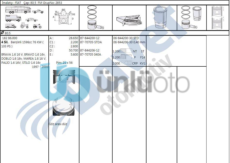 MOTOR PISTON SEGMAN 80,50MM 0,40 FIAT DOBLO STILO PALIO BRAVO MAREA 1,6 16V 02-
