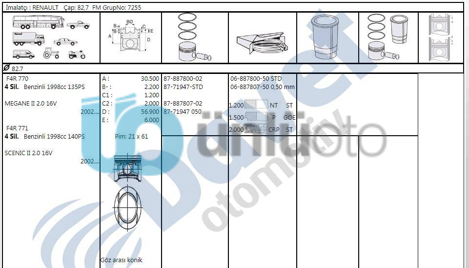 MOTOR SEGMAN 82.70MM STD RENAULT MEGANE II SCENIC LAGUNA 2.0 16V F4R