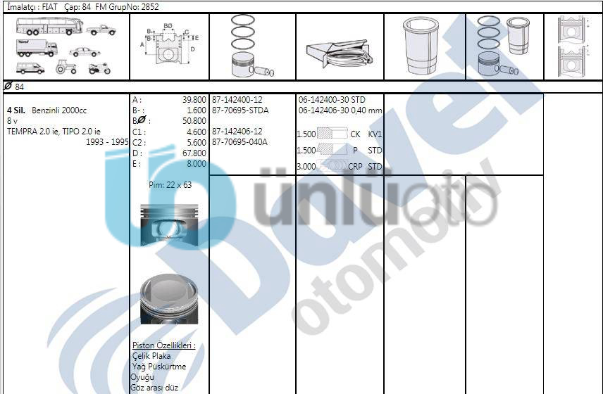 MOTOR SEGMAN 84.00MM STD FIAT TEMPRA TIPO 2.0IE 8V 16V